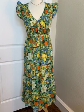 Anthropologie Peregrine Floral Citrus Smocked Maxi Dress NWT S